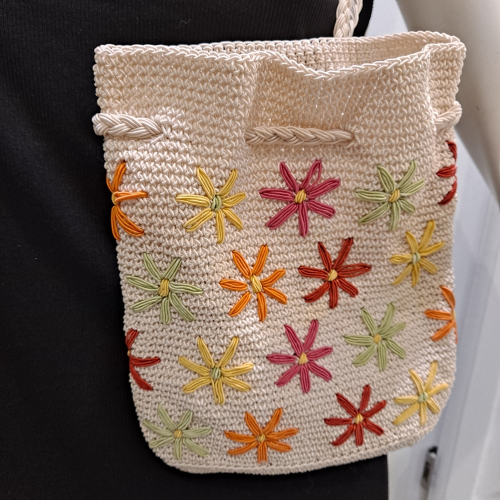 Unique Vintage 70s Cream Crochet Bag with Colorful Floral Accents Cotton Nylon